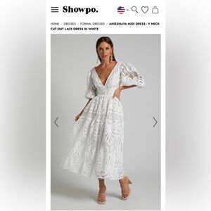 ANIESHAYA MIDI DRESS - V NECK CUT OUT LACE DRESS IN WHITE